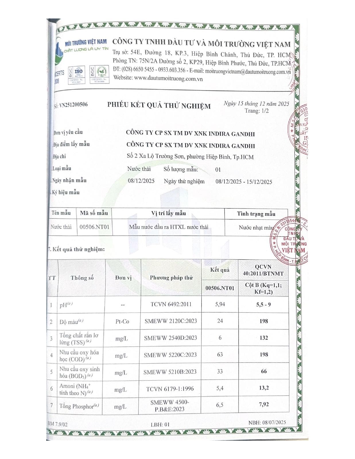 Phiếu kết quả kiểm nghiệm nước thải ngày 15/12/2025 — trang 1
