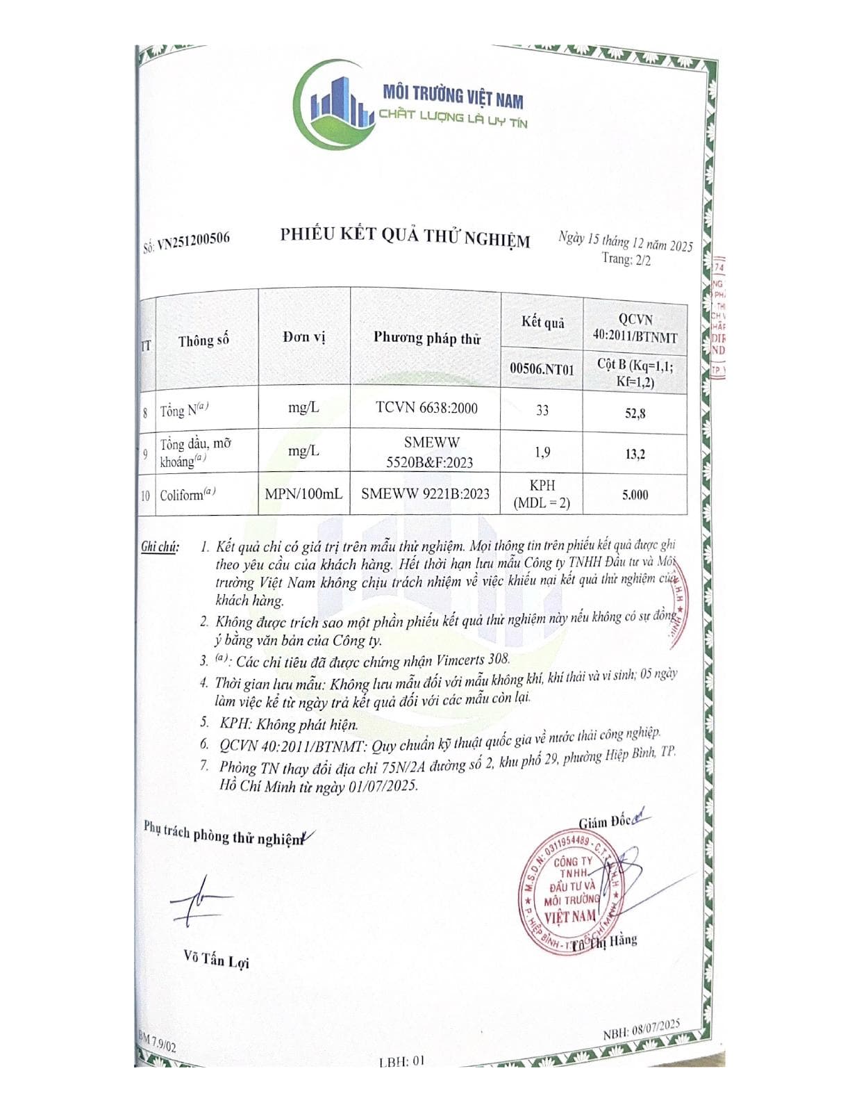 Phiếu kết quả kiểm nghiệm nước thải ngày 15/12/2025 — trang 2