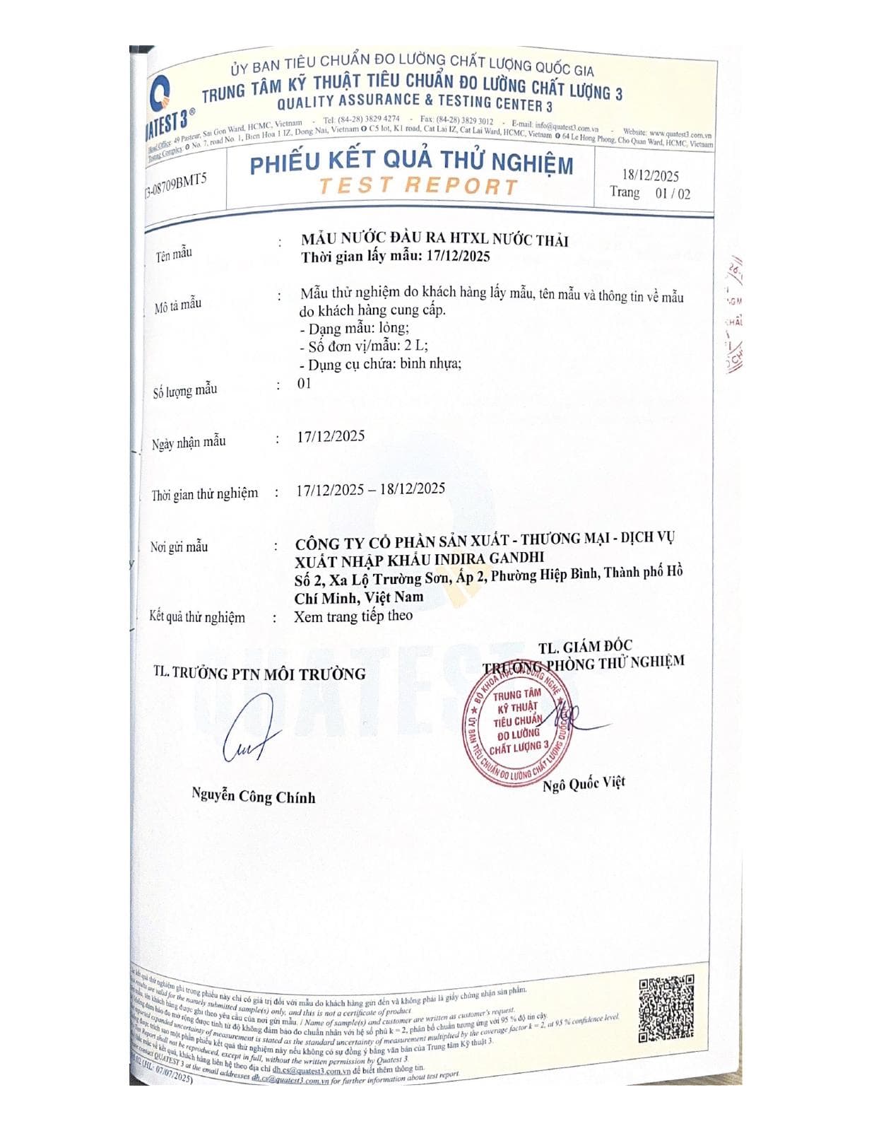 Phiếu kết quả kiểm nghiệm nước thải ngày 15/12/2025 — trang 3