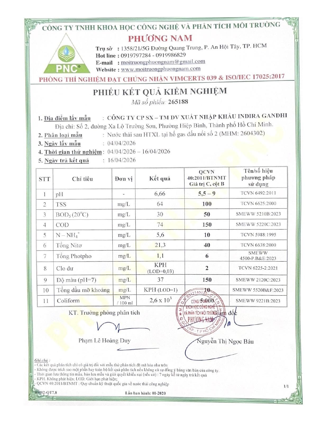 Phiếu kết quả kiểm nghiệm nước thải ngày 16/4/2026 — trang 1